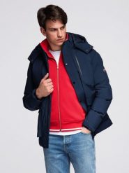 Zimowa kurtka męska z odpinanym kapturem z wodoodpornego materiału - granatowa V1 - Rozmiar: XL. Niebieskie kurtki Ombre Clothing, na zimę, l, bez wzorów, z dzianiny. Za 439.99 zł.