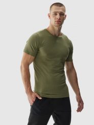 4F Koszulka treningowa bezszwowa męska - khaki L/XL. Brązowe t-shirty 4F, l, bez wzorów, z dzianiny, bez kołnierzyka, bez ramiączek. W wyprzedaży za 59.99 zł.