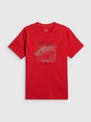 4F T-shirt regular z nadrukiem męski - czerwony M. Czerwone t-shirty 4F, m, bez wzorów, z materiału, bez kołnierzyka, bez ramiączek. Za 69.99 zł.