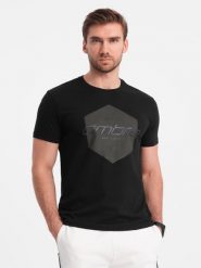 Męski t-shirt bawełniany z nadrukiem geometrycznym i logotypem - czarny V2. Czarne t-shirty Ombre Clothing, l, bez wzorów, z bawełny, bez kołnierzyka, bez ramiączek. W wyprzedaży za 19.99 zł.