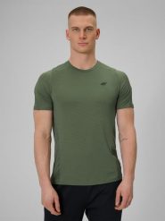 4F Koszulka regular treningowa szybkoschnąca męska - khaki XL. Brązowe t-shirty 4F, m, bez wzorów, ze skóry, bez kołnierzyka, bez ramiączek. Za 129.99 zł.
