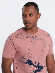 T-shirt męski bawełniany z abstrakcyjnym printem – różowy V5 OM-TSFP-0184 - S. Czerwone t-shirty Ombre Clothing, l, z aplikacjami, z bawełny, bez kołnierzyka, bez ramiączek. W wyprzedaży za 29.99 zł.