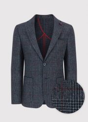 PAKO LORENTE – Granatowa marynarka casualowa w bordową kratę. Czerwone garnitury Pako Lorente, na co dzień, bez wzorów, z jeansu, casualowe. Za 499.99 zł.