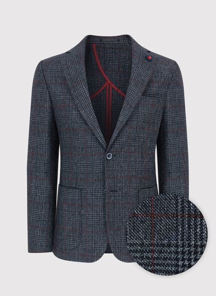 PAKO LORENTE – Granatowa marynarka casualowa w bordową kratę. Czerwone garnitury Pako Lorente, na co dzień, bez wzorów, z jeansu, casualowe. Za 499.99 zł.