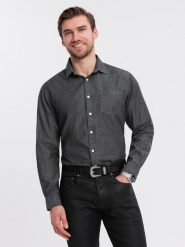 Męska jeansowa koszula z haftowaną kieszonką – czarna V2 OM-SHDS-0181 - XXL. Czarne koszule Ombre Clothing, l, z aplikacjami, z denimu, bez kołnierzyka, bez ramiączek. Za 125.99 zł.