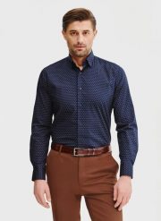 PAKO LORENTE – Granatowa koszula męska mikrowzór. Koszule Pako Lorente, na lato, m, bez wzorów, z bawełny, bez kołnierzyka, bez ramiączek. Za 299.99 zł.