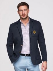 Marynarka OM-BLZB-0166 - - Rozmiar: L. Niebieskie garnitury Ombre Clothing, na co dzień, l, z aplikacjami, z bawełny, casualowe. W wyprzedaży za 419.99 zł.