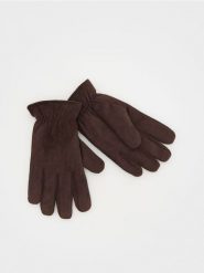 Rękawiczki z gładkiego materiału - ciemnobrązowy. Brązowe rękawiczki Reserved, bez wzorów. W wyprzedaży za 55.99 zł.