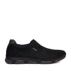 Półbuty Rieker. Czarne eleganckie półbuty Rieker, bez wzorów, bez obcasa, bez zapięcia. Za 429.99 zł.