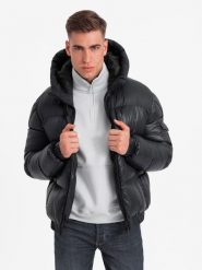 Męska ciepła kurtka puffer ze ściągaczami – czarna V1 OM-JAHP-0207 - XXL. Czarne kurtki Ombre Clothing, na zimę, l, z aplikacjami, z gumy, z kapturem. W wyprzedaży za 299.99 zł.