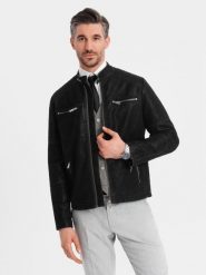 Kurtka męska biker ze stójką w stylu retro – czarna V2 - Rozmiar: M. Czarne kurtki Ombre Clothing, m, bez wzorów, z materiału, bez kaptura. W wyprzedaży za 189.99 zł.