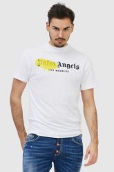 PALM ANGELS Biały t-shirt męski z logo. Białe t-shirty PALM ANGELS, m, bez wzorów, prążkowane, bez kołnierzyka, bez ramiączek. W wyprzedaży za 699.99 zł.