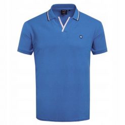 Koszulka Polo - Męska - Pako Jeans - Niebieska, Dekolt Bez Guzików. Niebieskie koszulki polo Pako Jeans, l, bez wzorów, z bawełny, bez kołnierzyka, bez ramiączek. Za 119.00 zł.