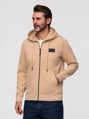 Męska rozpinana dresowa bluza z kapturem i patchem – piaskowa V2 - Rozmiar: XL. Brązowe bluzy Ombre Clothing, m, bez wzorów, z bawełny, z kapturem. Za 169.99 zł.