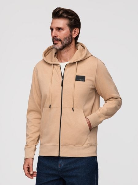 Męska rozpinana dresowa bluza z kapturem i patchem – piaskowa V2 - Rozmiar: XL. Brązowe bluzy Ombre Clothing, m, bez wzorów, z bawełny, z kapturem. Za 169.99 zł.