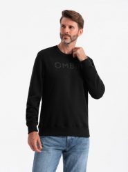 Klasyczna dresowa męska bluza z napisem – czarna V4 OM-SSPS-0181 - XXL. Czarne bluzy Ombre Clothing, l, bez wzorów, z bawełny, bez kaptura. Za 95.99 zł.