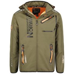 Geographical Norway ROYAUTE - softshell męski khaki z pomarańczowymi akcentami. Brązowe kurtki softshell Geographical Norway, m, bez wzorów, z elastanu, bez kaptura. Za 249.00 zł.