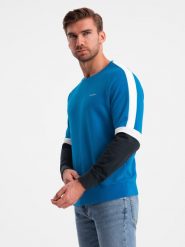 Trójkolorowa dresowa męska bluza z raglanowymi rękawami – niebieska V4 OM-SSNZ-22FW-003 - XXL. Niebieskie bluzy Ombre Clothing, l, bez wzorów, z bawełny, bez kaptura. W wyprzedaży za 99.99 zł.