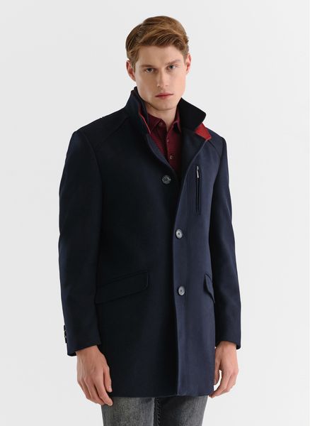 PAKO LORENTE – Granatowy płaszcz męski z podwójnym kołnierzem. Niebieskie płaszcze Pako Lorente, m, bez wzorów, z wełny, eleganckie, bez kaptura. Za 399.99 zł.