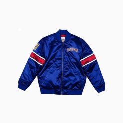 Gruba satynowa kurtka Philadelphia 76ers. Niebieskie kurtki Mitchell & Ness, l, bez wzorów, z satyny, bez kaptura. Za 478.50 zł.