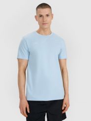 4F T-shirt regular z nadrukiem męski - niebieski S. Niebieskie t-shirty 4F, m, bez wzorów, z bawełny, bez kołnierzyka, bez ramiączek. W wyprzedaży za 39.99 zł.