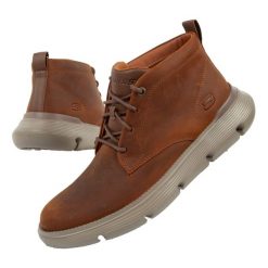 Buty sportowe męskie Skechers. Brązowe buty sportowe casual Skechers, bez wzorów, ze skóry, bez zapięcia. Za 259.00 zł.