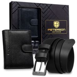 Zestaw prezentowy: skórzany, pionowy portfel męski w czarnym kolorze i czarny pasek ze skóry ekologicznej - Peterson. Czarne portfele Peterson, bez wzorów, ze skóry ekologicznej. Za 109.00 zł.