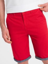 Męskie szorty chinosy z kontrastowym podwinięciem – czerwone V1 W421 - XXL. Czerwone szorty Ombre Clothing, m, bez wzorów, z bawełny, biznesowe. W wyprzedaży za 99.99 zł.