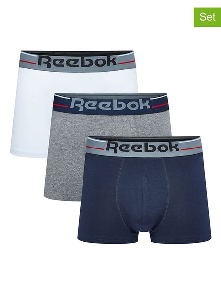 Reebok Bokserki (3 pary) w kolorze granatowym, białym i szarym rozmiar: S. Białe bokserki Reebok, s, bez wzorów. Za 48.16 zł.