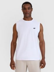 4F Tank top regular gładki męski - biały M. Białe bezrękawniki 4F, m, bez wzorów, z bawełny, bez kołnierzyka, bez ramiączek. Za 49.99 zł.