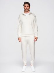 Dresowy komplet męski set bluza ze stójką + spodnie joggery - ecru V2 - Rozmiar: S. Brązowe bluzy bez kaptura Ombre Clothing, m, bez wzorów, z dresówki, sportowe. Za 349.99 zł.