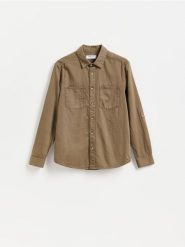 Jeansowa koszula regular fit - brązowy. Brązowe koszule Reserved, l, bez wzorów, z denimu, bez kołnierzyka, bez ramiączek. Za 119.99 zł.