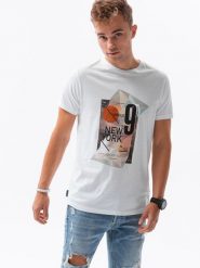 T-shirt męski z nadrukiem - biały V-16A S1434 - XXL. Białe t-shirty Ombre Clothing, m, bez wzorów, z bawełny, bez kołnierzyka, bez ramiączek. W wyprzedaży za 29.99 zł.