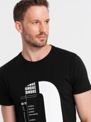T-shirt męski bawełniany z nadrukiem - czarny V3 - Rozmiar: S. Czarne t-shirty Ombre Clothing, m, bez wzorów, z bawełny, bez kołnierzyka, bez ramiączek. W wyprzedaży za 19.99 zł.
