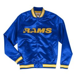 Lekka satynowa kurtka Los Angeles Rams. Niebieskie kurtki Mitchell & Ness, s, bez wzorów, z dżerseju, bez kaptura. Za 486.00 zł.