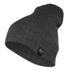Czapka Grafitowa Jesienno-Zimowa, Beanie, Krasnal, Rozciągliwa, w Prążki. Szare czapki zimowe Jarek, bez wzorów, ze splotem. Za 35.00 zł.