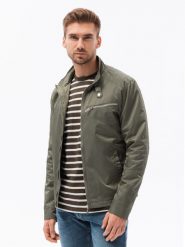 Kurtka męska biker - khaki V1. Brązowe kurtki Ombre Clothing, m, bez wzorów, z poliesteru, bez kaptura. W wyprzedaży za 169.99 zł.