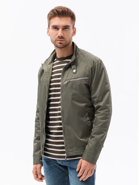 Kurtka męska biker - khaki V1. Brązowe kurtki Ombre Clothing, m, bez wzorów, z poliesteru, bez kaptura. W wyprzedaży za 169.99 zł.