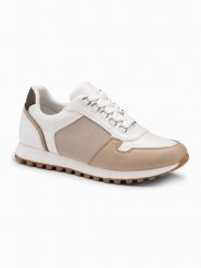 Patchworkowe męskie buty sneakersy z łączonych materiałów – biało-piaskowe V1 OM-FOSL-0144 - 45. Białe buty sportowe casual Ombre Clothing, z aplikacjami, z materiału, bez zapięcia. Za 219.99 zł.