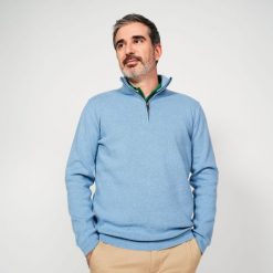Sweter do golfa męski MW500 z półgolfem. Niebieskie golfy INESIS, m, bez wzorów, z bawełny, bez ramiączek. Za 179.99 zł.