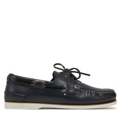 Półbuty Tommy Hilfiger. Niebieskie eleganckie półbuty Tommy Hilfiger, bez wzorów, bez obcasa, bez zapięcia. Za 379.99 zł.