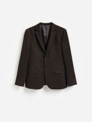 Marynarka slim fit z dodatkiem wiskozy - ciemnobrązowy. Brązowe garnitury Reserved, l, bez wzorów, z dzianiny. Za 259.99 zł.