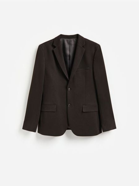 Marynarka slim fit z dodatkiem wiskozy - ciemnobrązowy. Brązowe garnitury Reserved, l, bez wzorów, z dzianiny. Za 259.99 zł.