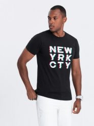 T-shirt męski bawełniany z nadrukiem - czarny V1 OM-TSPT-0162 - M. Czarne t-shirty Ombre Clothing, m, bez wzorów, z bawełny, bez kołnierzyka, bez ramiączek. W wyprzedaży za 19.99 zł.