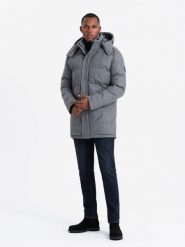 Ciepła długa kurtka męska typu parka z wełną – szary melanż V1 OM-JALJ-0217 - XXL. Szare kurtki Ombre Clothing, l, z aplikacjami, z materiału, bez kaptura. W wyprzedaży za 199.99 zł.