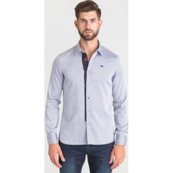 NIEBIESKA KOSZULA EMPORIO ARMANI. Niebieskie koszule Emporio Armani, l, bez wzorów, bez kołnierzyka, bez ramiączek. Za 335.00 zł.