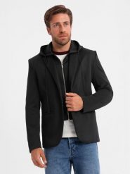 Męska marynarka z odpinaną podpinką i kapturem – czarna V1 OM-BLZB-0126 - XXL. Szare garnitury Ombre Clothing, do pracy, l, bez wzorów, z materiału, biznesowe. Za 335.99 zł.