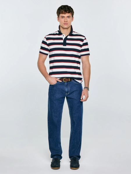 Koszulka męska polo w paski granatowo-biała Seulis 100. Białe koszulki polo BIG STAR, l, z aplikacjami, z bawełny, bez kołnierzyka, bez ramiączek. Za 139.99 zł.