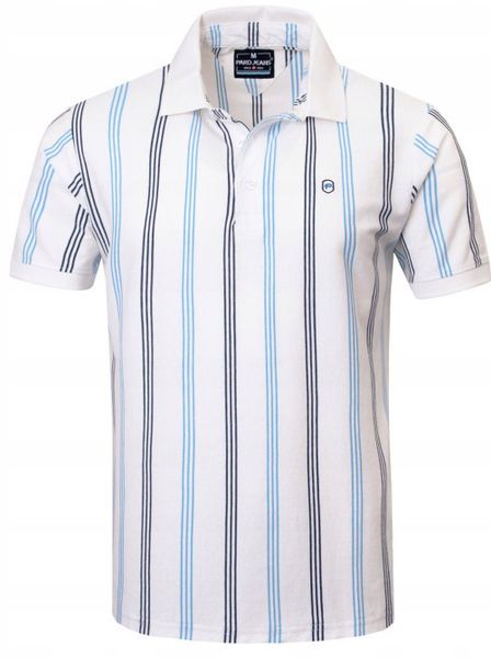 Męska Koszulka Polo - Pako Jeans - Biała w Prążki. Niebieskie koszulki polo Pako Jeans, l, bez wzorów, z bawełny, bez kołnierzyka, bez ramiączek. Za 129.00 zł.