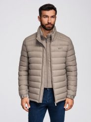 Męska pikowana kurtka z dwoma zapięciami - ciemnobeżowa V4 - Rozmiar: XL. Brązowe kurtki Ombre Clothing, m, z aplikacjami, z materiału, bez kaptura. W wyprzedaży za 119.99 zł.
